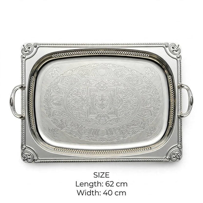 Grand All-Silver Baroque Stainless Steel Serving Platter with Arabesque Etching & Pierced Gallery Rim – 62 × 40 cm