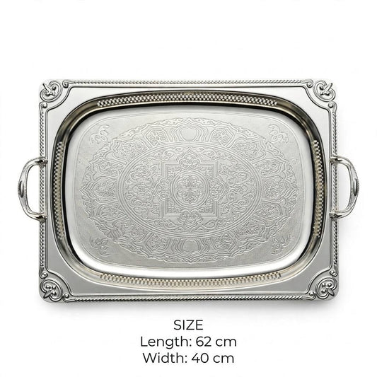 Grand All-Silver Baroque Stainless Steel Serving Platter with Arabesque Etching & Pierced Gallery Rim – 62 × 40 cm