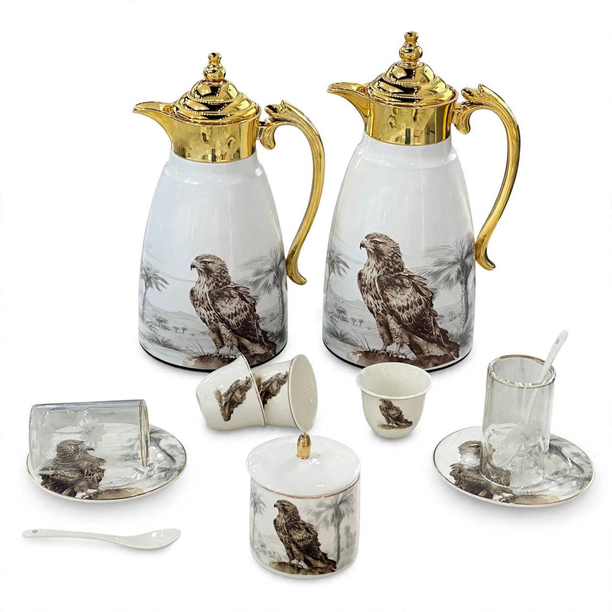Heritage Falcon Edition 27-Piece Tea & Arabic Coffee Hospitality Set with Gilded Accents & Dual Thermal Carafes