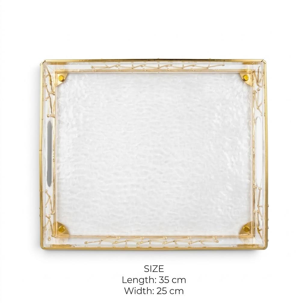 Modern Water-Ripple Acrylic Serving Tray with Geometric Gilded Metal Gallery & Cutout Handles – 35 × 25 cm - Mawaeen