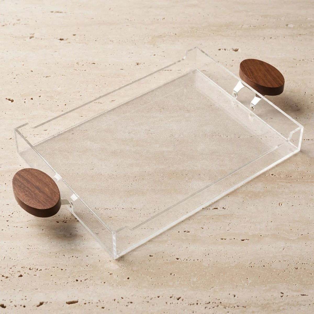 Modern Clear Acrylic Serving Tray with Round Natural Wood Side Handles – 54 × 28 cm