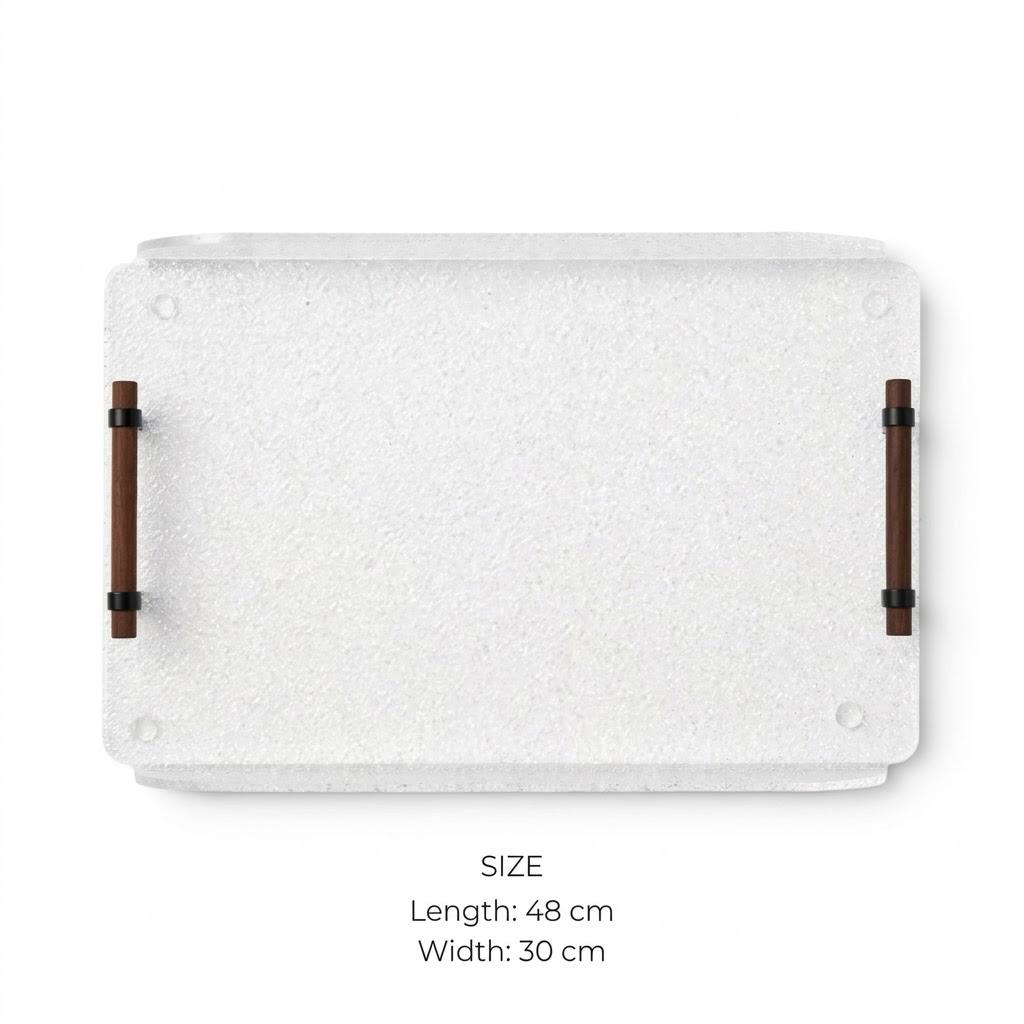 Modern Frosted Textured Acrylic Serving Platter with Cylindrical Dark Wood Handles – 48 × 30 cm - Mawaeen