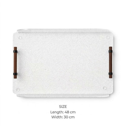 Modern Frosted Textured Acrylic Serving Platter with Cylindrical Dark Wood Handles – 48 × 30 cm - Mawaeen