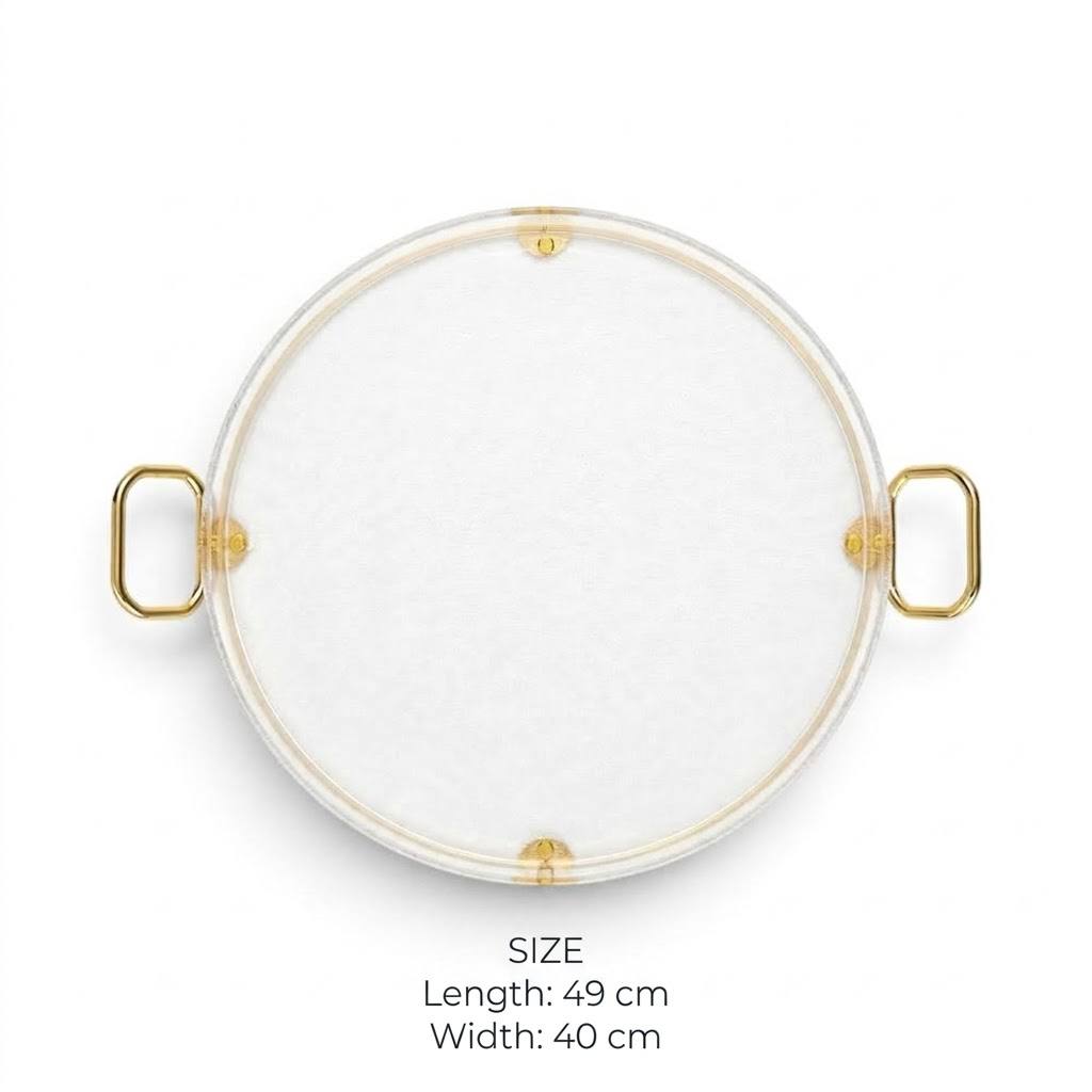 Luxury Round Clear Acrylic Serving Platter with Gilded Frame & Loop Handles – 49 × 40 cm