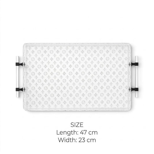 Luxury Monogram Pattern Clear Acrylic Serving Tray with Cylindrical Handles & Matte Black Hardware – 47 × 23 cm