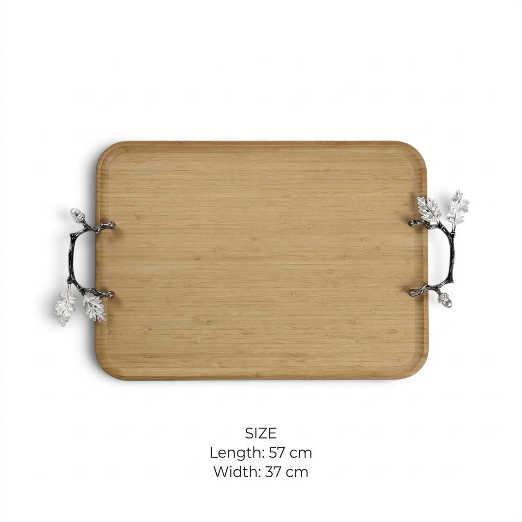 Natural Wood Rectangular Serving Platter with Silver Oak Leaf Branch Handles – 57 × 37 cm