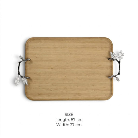 Natural Wood Rectangular Serving Platter with Silver Oak Leaf Branch Handles – 57 × 37 cm - Mawaeen