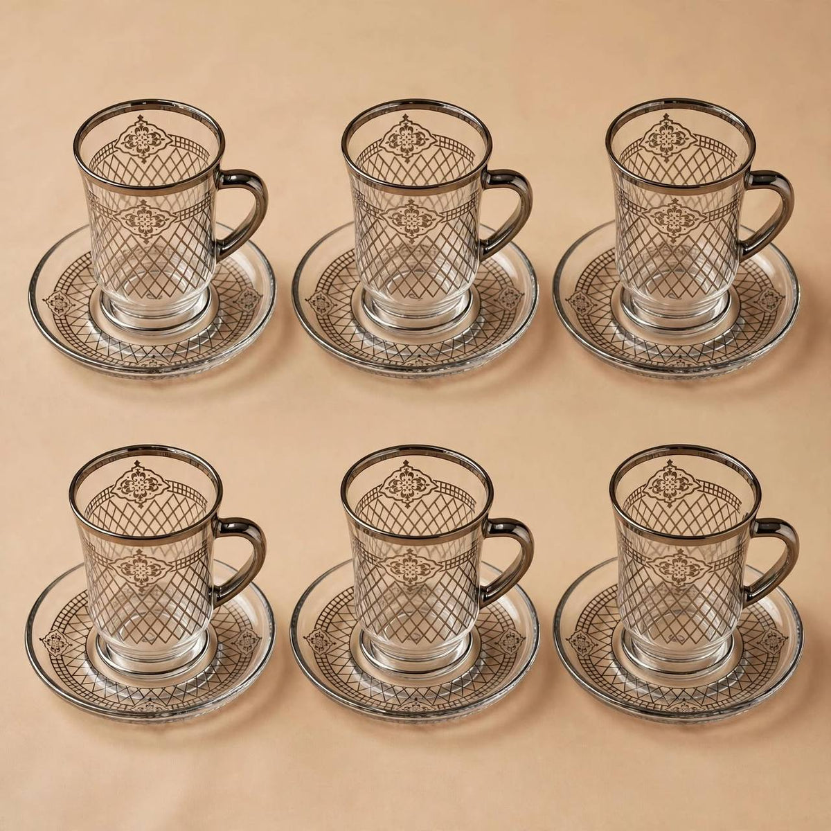 Glass Tea Cups & Saucers 12 Pcs Set Silver Pattern