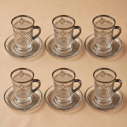 Glass Tea Cups & Saucers 12 Pcs Set Silver Pattern