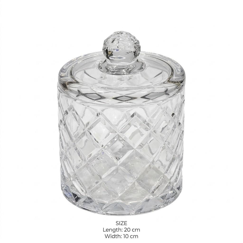Tall Diamond Cut Glass Candy Jar with Lid – 20x10cm - Mawaeen
