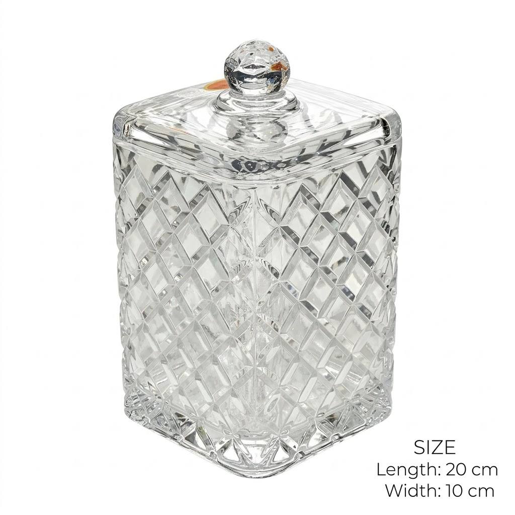 Tall Square Diamond Cut Glass Candy Jar with Lid – 20x10cm