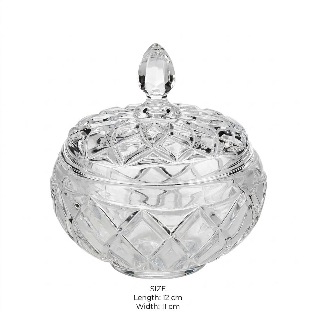 Round Faceted Crystal Glass Sugar & Candy Bowl with Lid – 12x11cm