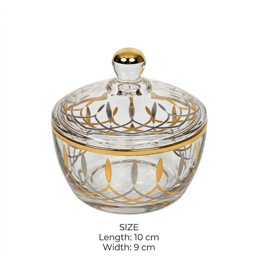 Gold & Silver Patterned Glass Sugar Bowl with Lid – 10x9cm
