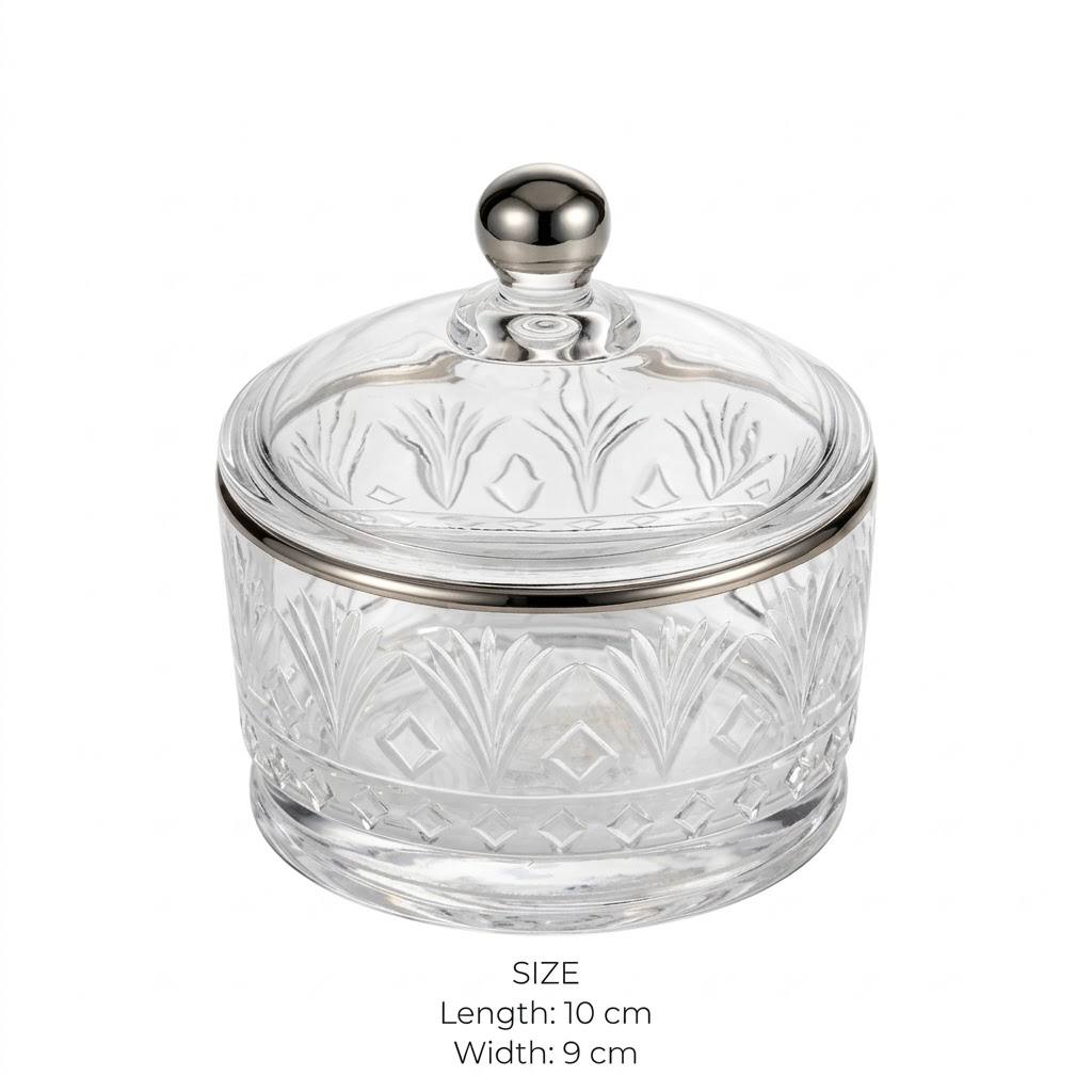 Silver Rim Cut Crystal Glass Sugar Bowl with Lid – 10x9cm