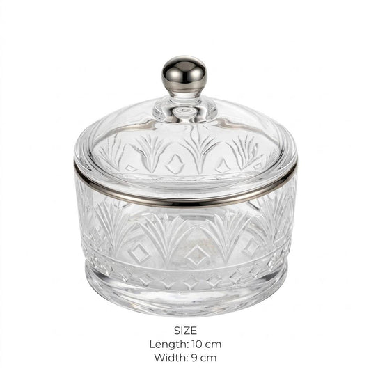 Silver Rim Cut Crystal Glass Sugar Bowl with Lid – 10x9cm