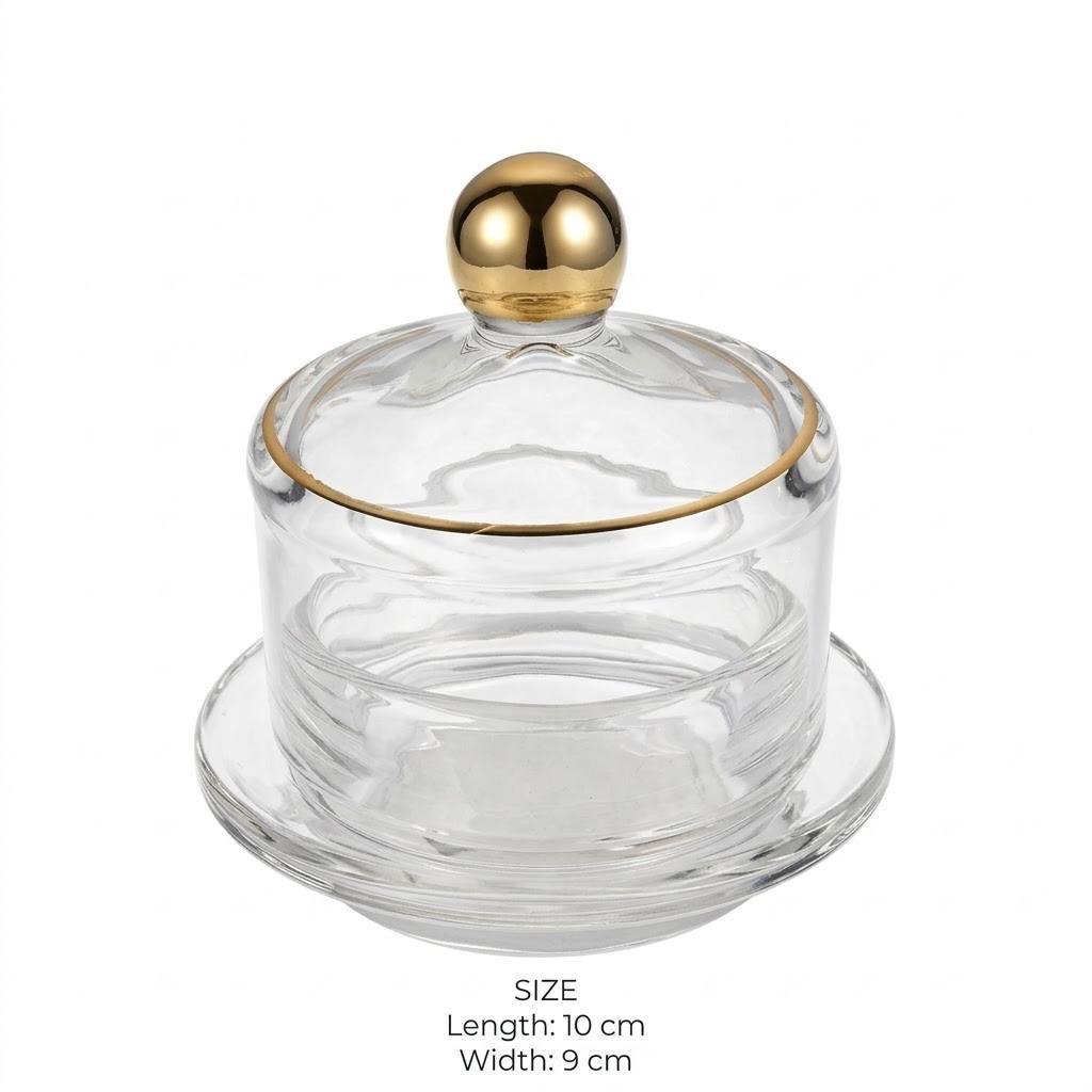 Gold Trim Glass Cloche Sugar Bowl with Saucer – 10x9cm