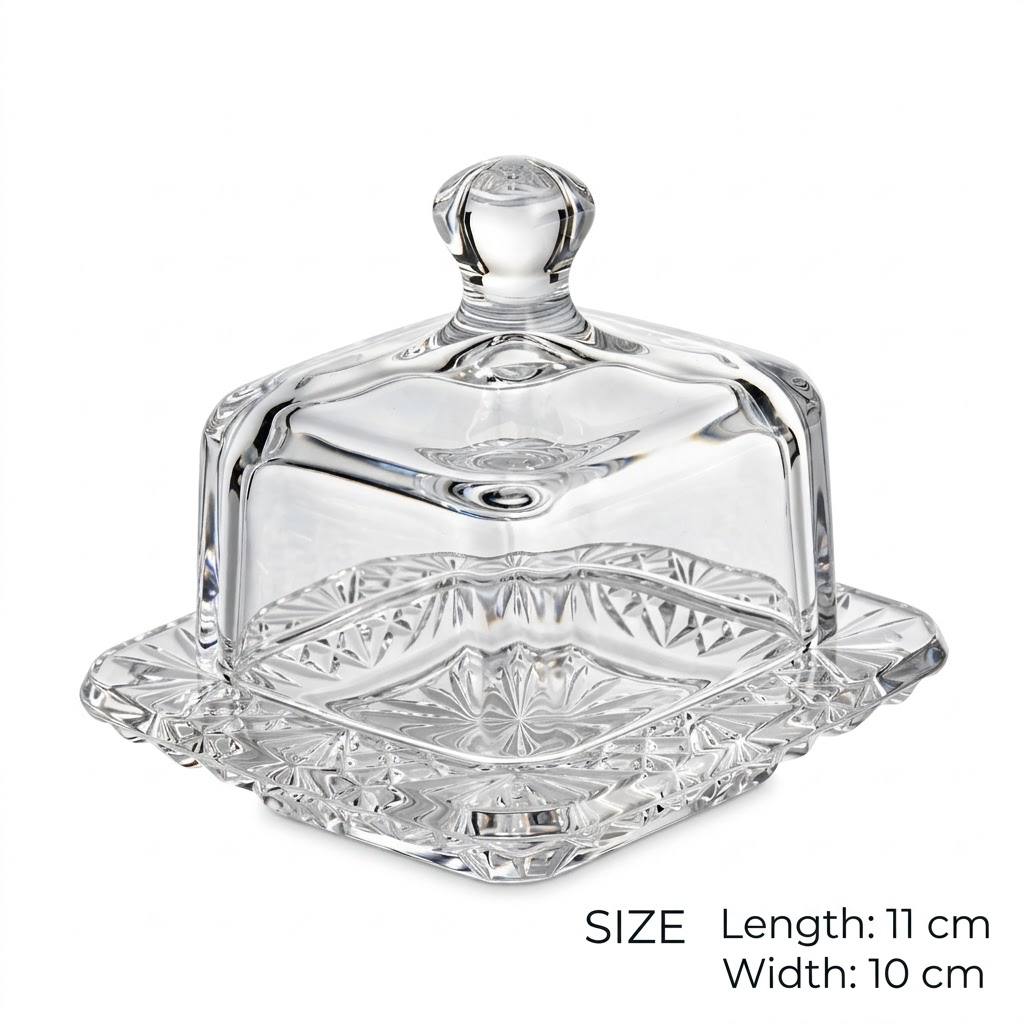 Square Crystal Glass Cloche Sugar & Butter Dish with Lid – 11x10cm