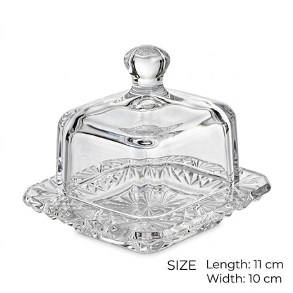 Square Crystal Glass Cloche Sugar & Butter Dish with Lid – 11x10cm