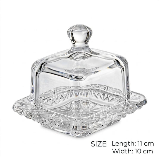 Square Crystal Glass Cloche Sugar & Butter Dish with Lid – 11x10cm