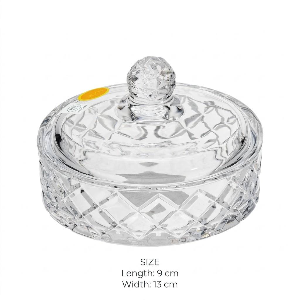 Wide Diamond Cut Crystal Glass Sugar Bowl with Lid – 9x13cm