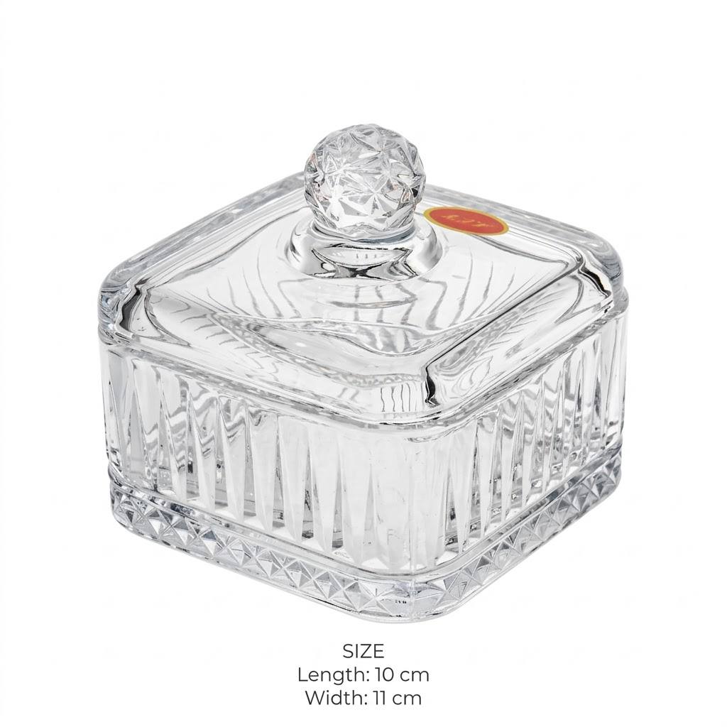 Square Ribbed Crystal Glass Sugar Bowl with Lid – 10x11cm