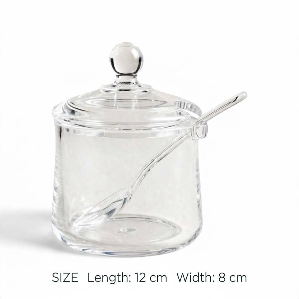 Shatterproof Clear Smooth Acrylic Sugar Pot with Lid & Spoon – 12x8cm