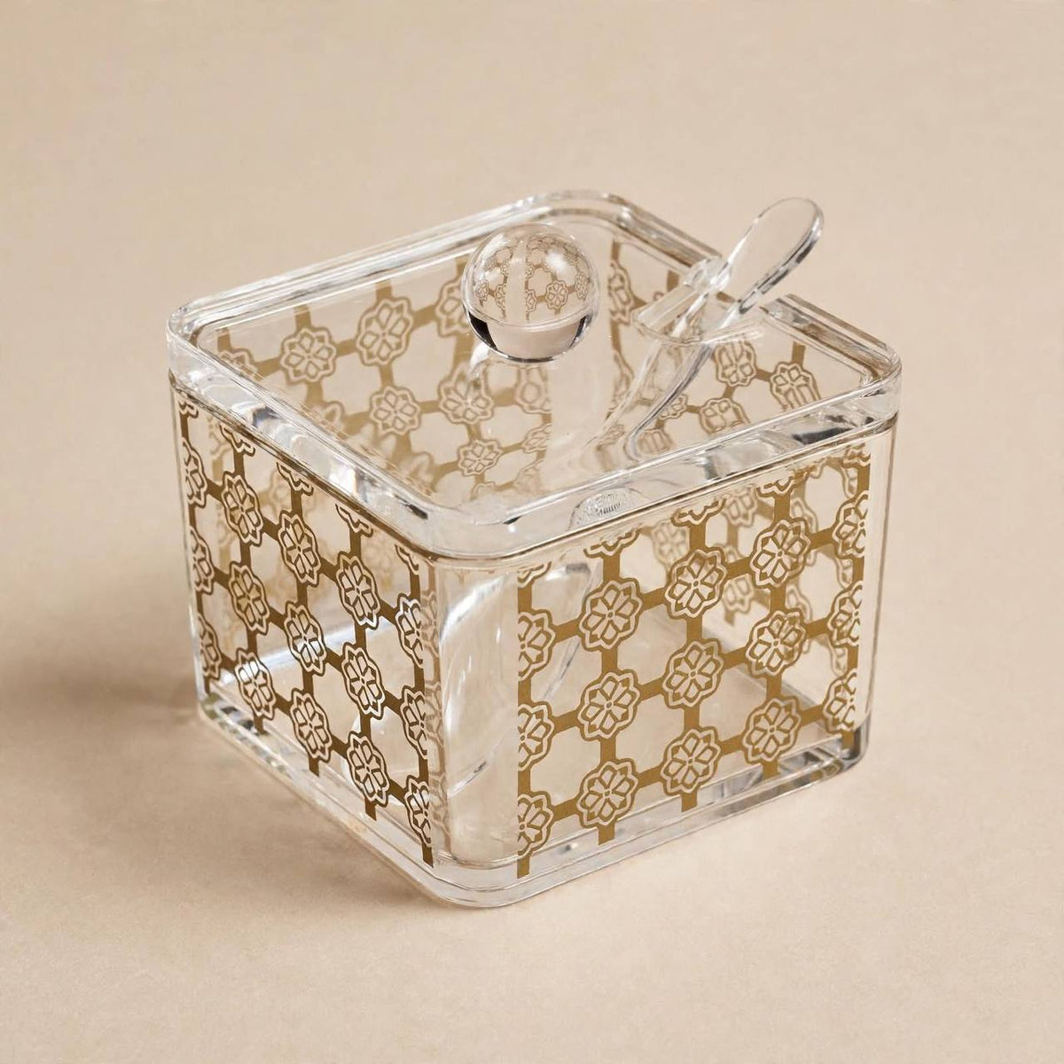 Compact Square Acrylic Sugar Pot with Gold Arabesque Pattern, Lid & Spoon – 8x8cm