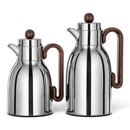Al Marjan 2-Piece Arabic Coffee Thermos Set Silver/Wood (1L & 0.75L)