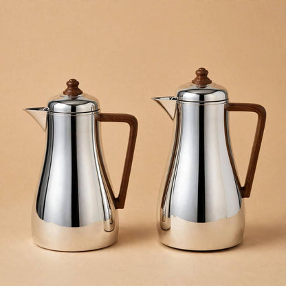 Al Saif Silver/Wood Arabic Coffee Thermal Dallah Set (2-Piece, 1L & 0.75L)