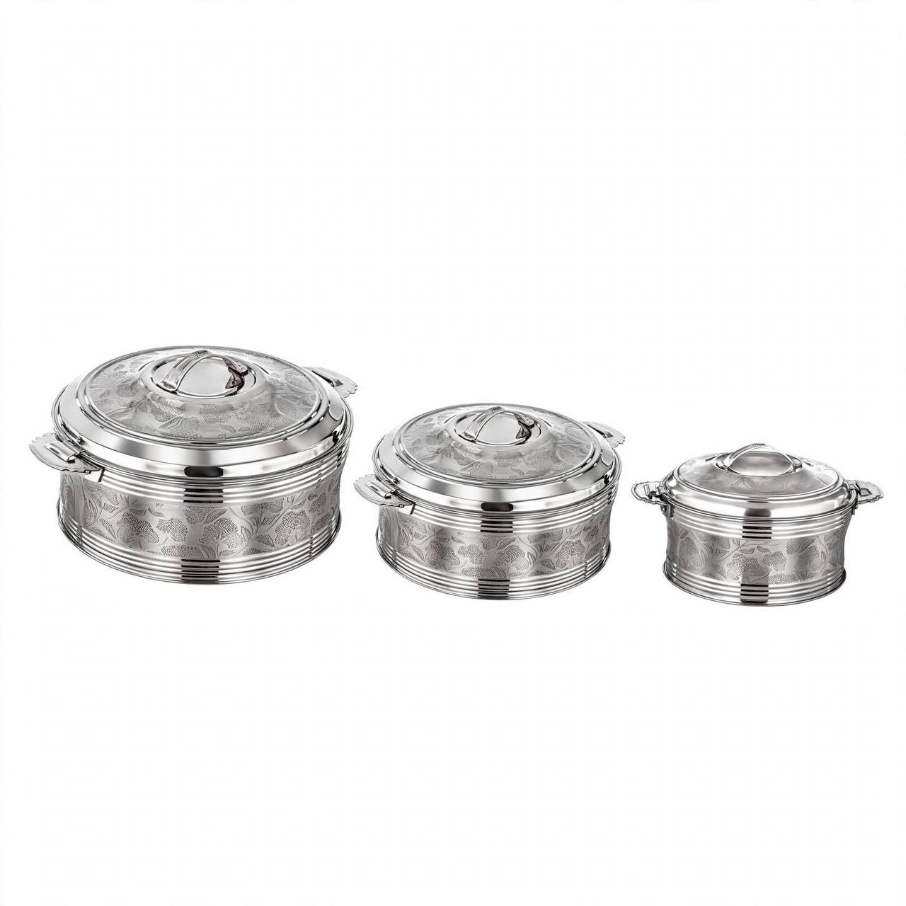 Al Marjan 3-Piece Floral Etched Thermal Hotpot Serving Set in Silver (2.5L, 4.8L, 6L)