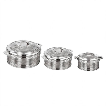 Al Marjan 3-Piece Floral Etched Thermal Hotpot Serving Set in Silver (2.5L, 4.8L, 6L)