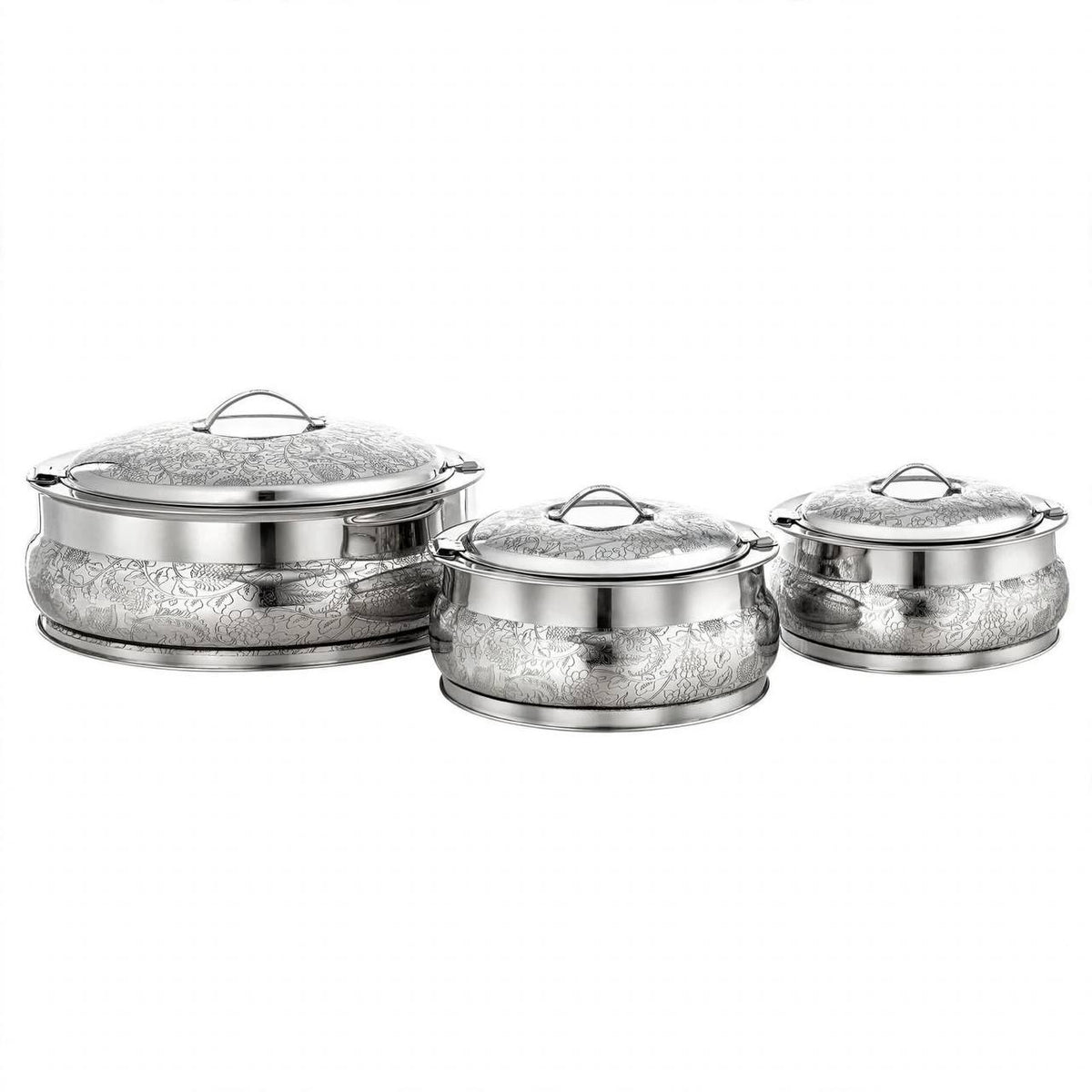 Al Marjan 3-Piece Deluxe Floral Etched Hotpot Serving Set in Silver (2.5L, 4.8L, 6L)