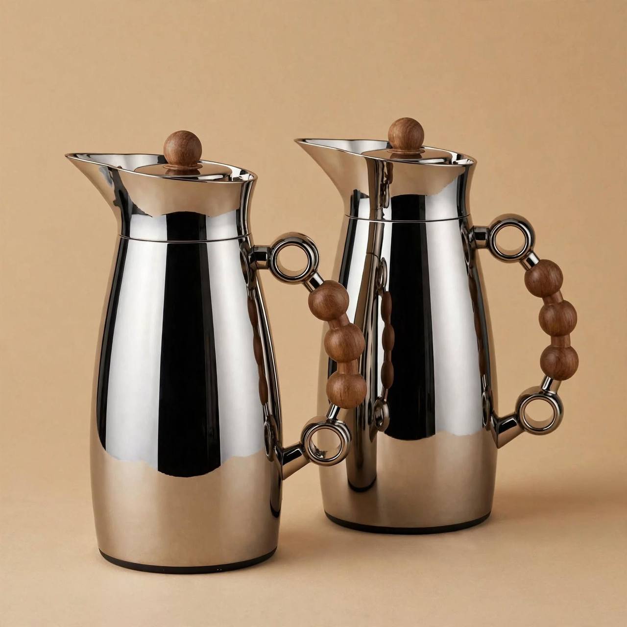 MAHRA Chrome & Wood-Accented 2-Piece Thermal Coffee & Tea Dallah Set (1L + 1L)