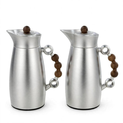 MAHRA Matt Silver & Wood 2-Piece Thermal Coffee & Tea Dallah Set (1L + 1L)