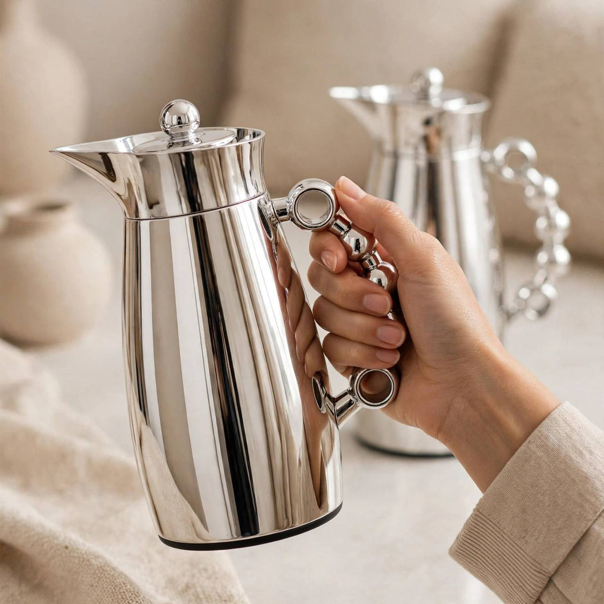MAHRA Polished Silver 2-Piece Thermal Coffee & Tea Dallah Set (1L + 1L)