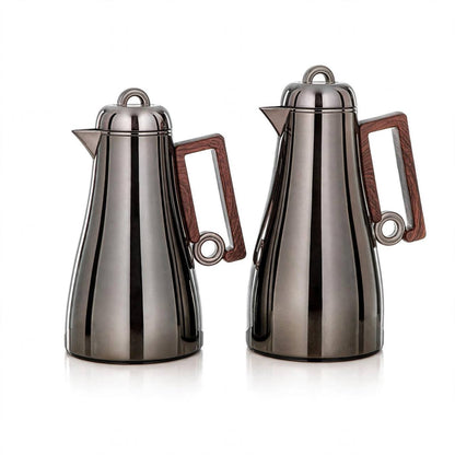 Al Marjan Chrome & Wood 2-Piece Thermal Coffee & Tea Dallah Set (1L + 0.70L)