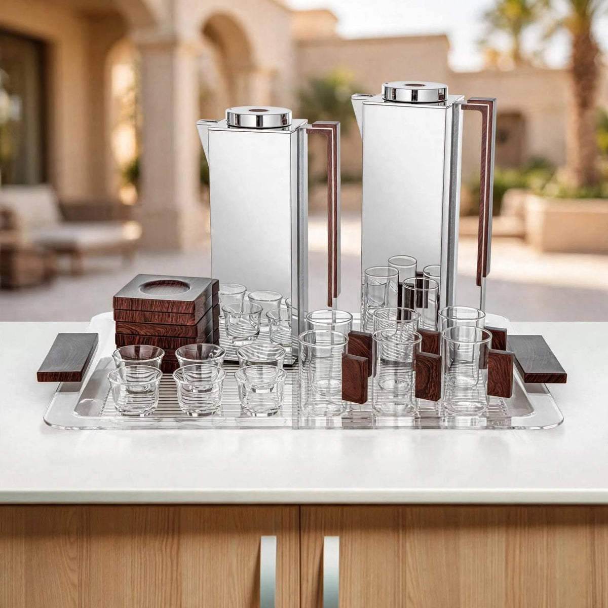 Al Marjan Complete Luxury Hospitality Serving Set – Silver & Wood - 21 pcs