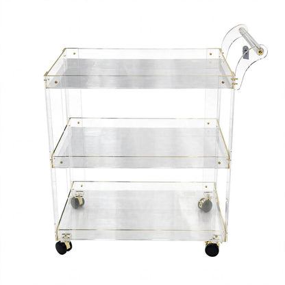 3-Tier Clear Acrylic Serving Trolley with Gold Accent Screws and Ribbed Shelves