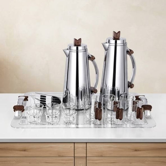 Al Marjan 21 Pieces Tea & Coffee Set, Silver & Dark Wood - Mawaeen