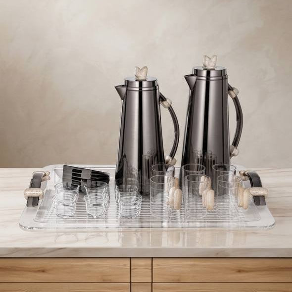 Al Marjan 21 Pieces Tea & Coffee Set, Gun Black & Travertine Marble - Mawaeen