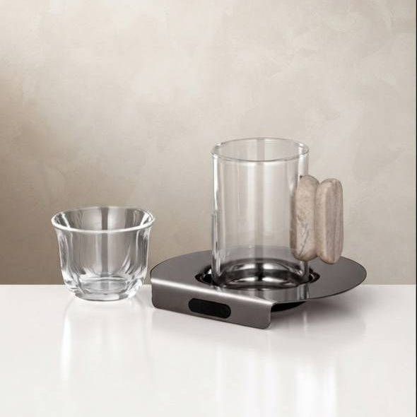 Al Marjan 21 Pieces Tea & Coffee Set, Gun Black & Travertine Marble