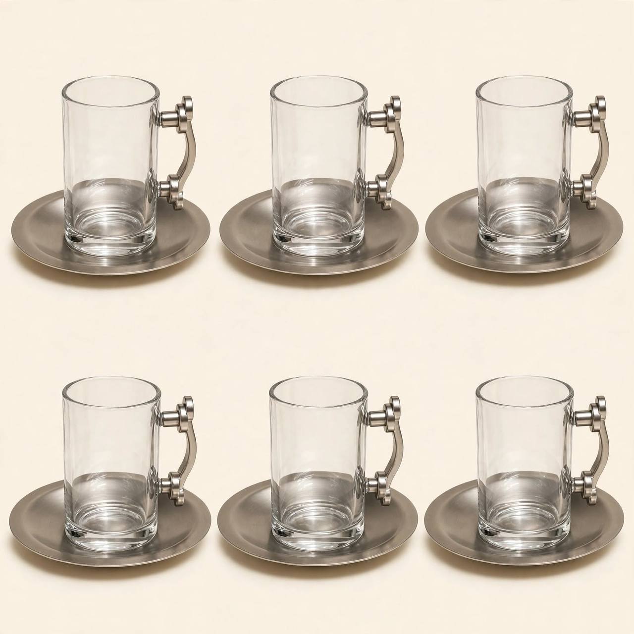 Mahra Matte Silver & Wood Tea & Coffee Hospitality Set – 1.0L & 1.0L Thermal Carafes with 6 Handled Tea Glasses, Matte Saucers, Cawa Cups & Serving Tray