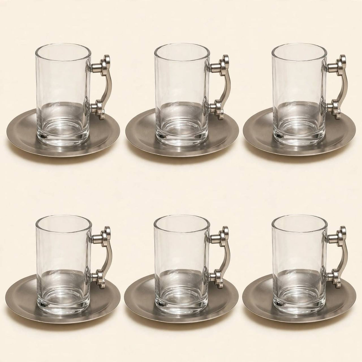 Modern Matte Silver & Wood Tea & Coffee Hospitality Set – 1.0L & 1.0L Thermal Carafes with 6 Handled Tea Glasses, Matte Saucers, Cawa Cups & Serving Tray