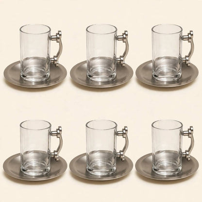 Mahra Chrome Mirror Tea & Coffee Hospitality Set – 1.0L & 1.0L Thermal Carafes with 6 Handled Tea Glasses, Silver Saucers, Cawa Cups & Mirrored Serving Tray