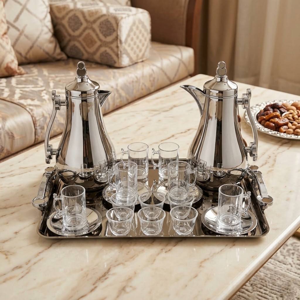 Mahra Chrome Mirror Tea & Coffee Hospitality Set – 1.0L & 1.0L Thermal Carafes with 6 Handled Tea Glasses, Silver Saucers, Cawa Cups & Mirrored Serving Tray
