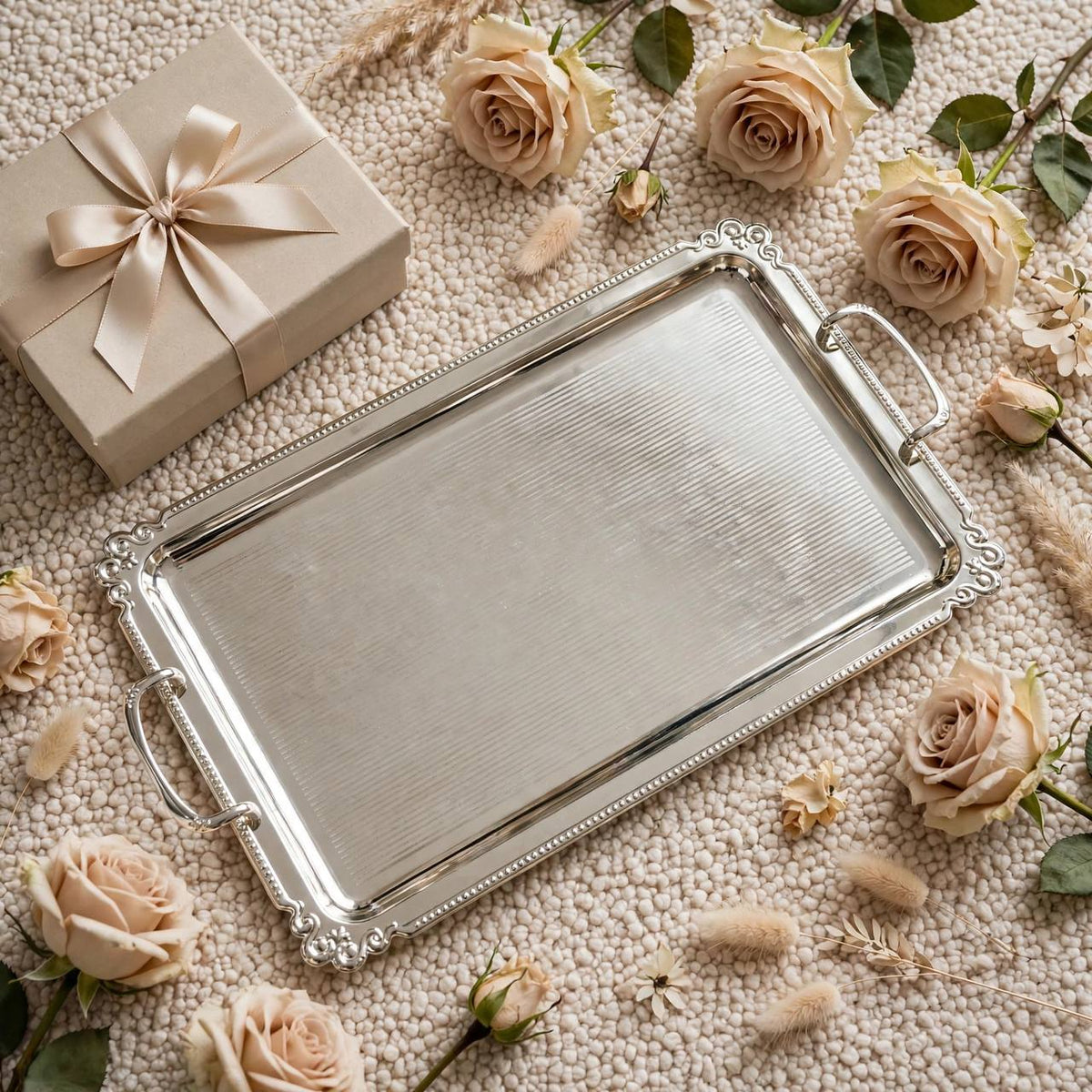 Royal Fluted Stainless Steel Serving Platter with Baroque Border & Classic Handles – 50 × 30 cm