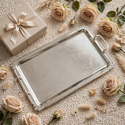 Royal Fluted Stainless Steel Serving Platter with Baroque Border & Classic Handles – 50 × 30 cm