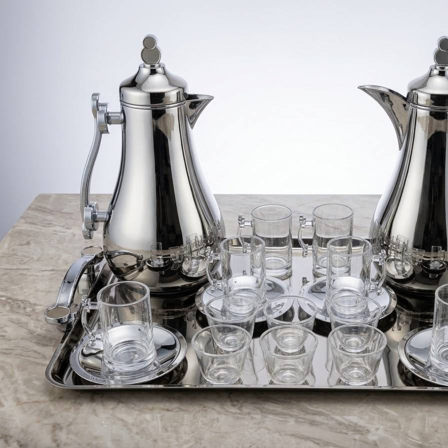 Mahra Chrome Mirror Tea & Coffee Hospitality Set – 1.0L & 1.0L Thermal Carafes with 6 Handled Tea Glasses, Silver Saucers, Cawa Cups & Mirrored Serving Tray
