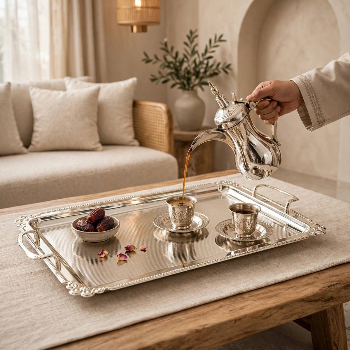 Royal Fluted Stainless Steel Serving Platter with Baroque Border & Classic Handles – 50 × 30 cm