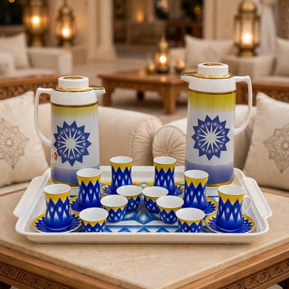 Royal Blue & Sun-Yellow Geometric Tea & Coffee Hospitality Set with Matching Serving Tray